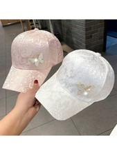 Women Lace Baseball Cap With Rhinestone Butterfly Embellishment