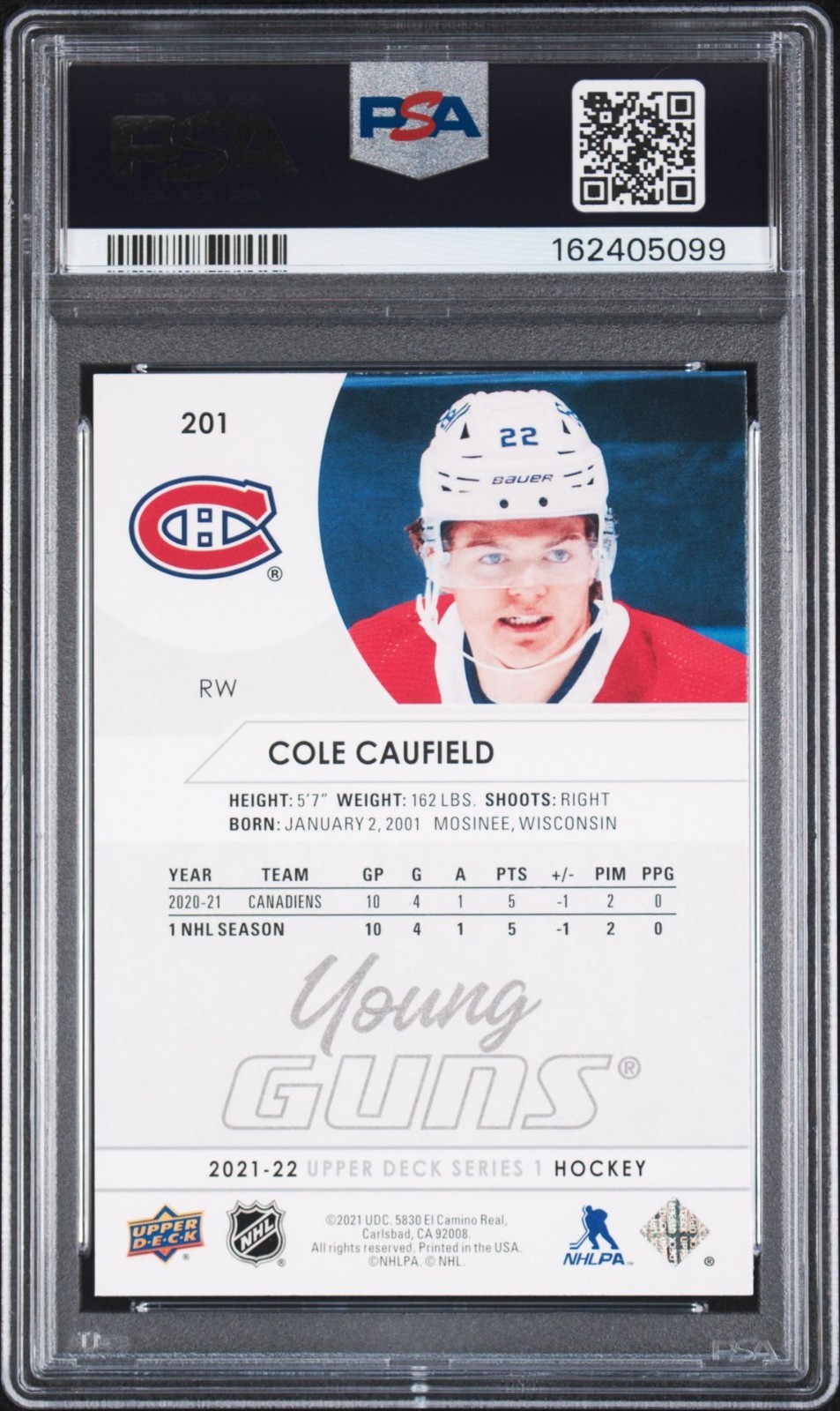 2021-22 Upper Deck Cole Caufield RC Young Guns PSA 9 Mint Canadiens Rookie view 2
