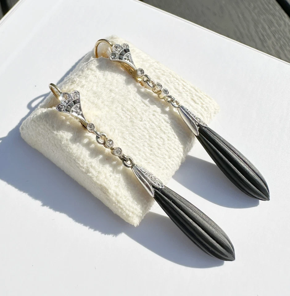 Wunderschöne Zeitlose Ohrringe Ohrhänger GOLD 750 18K Onyx Diamanten Antike