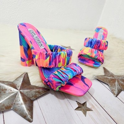 Cape Robbin neon floral chunky high heel sandals square open toe women's size 7