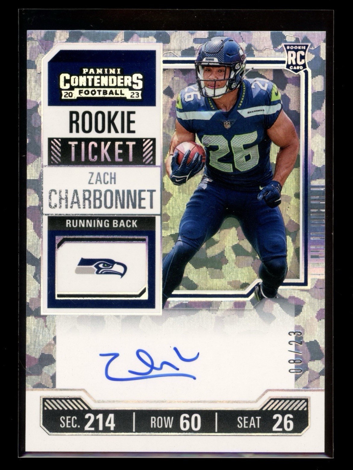 2023 Panini Contenders Zach Charbonnet Rookie Cracked Ice Ticket Auto RC /23