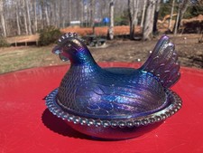 Vintage Indiana Carnival Glass Hen On Nest In Blue