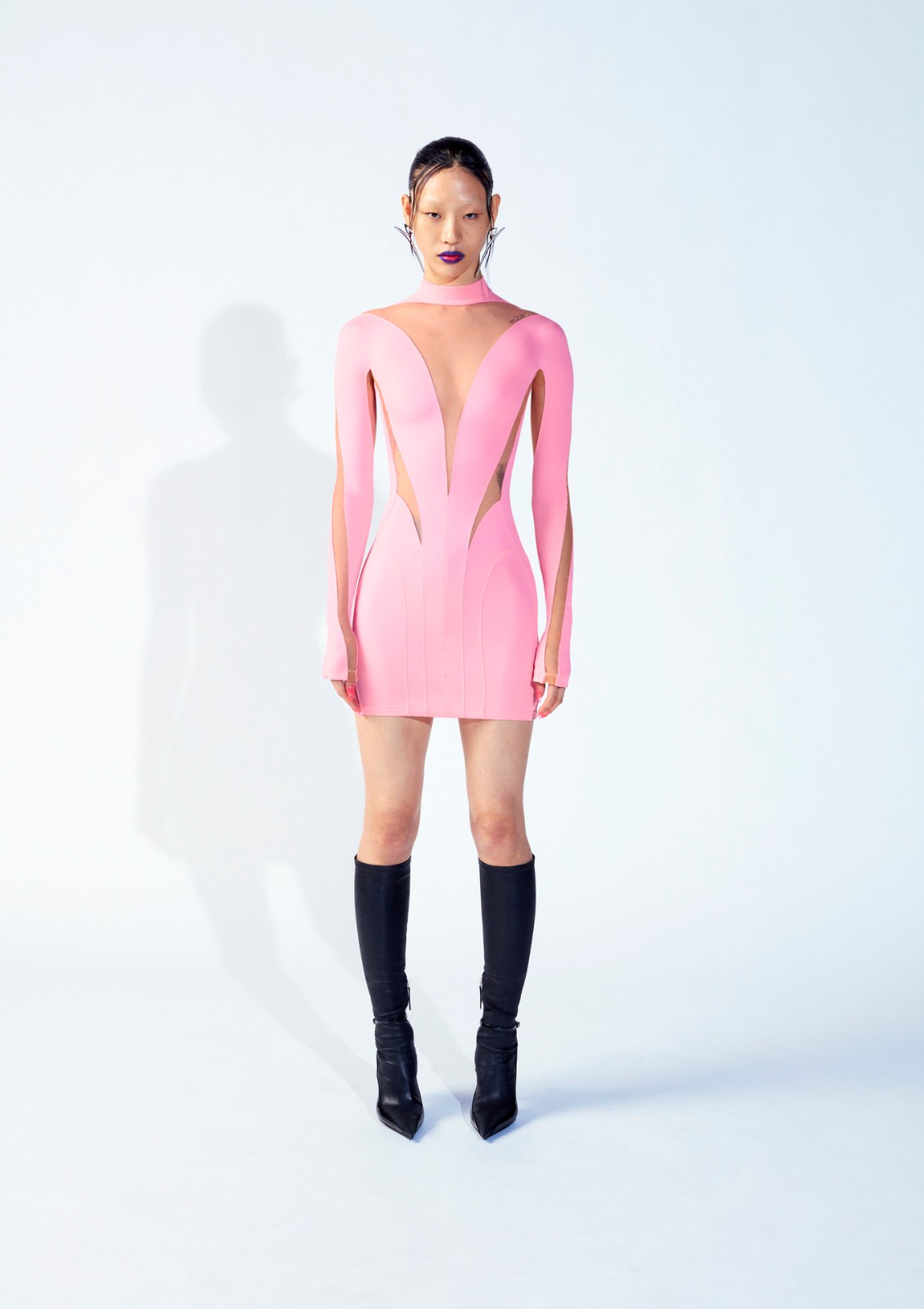 HM x MUGLER PINK MESH PANELLED LONG SLEEVE MINI DRESS SIZE S