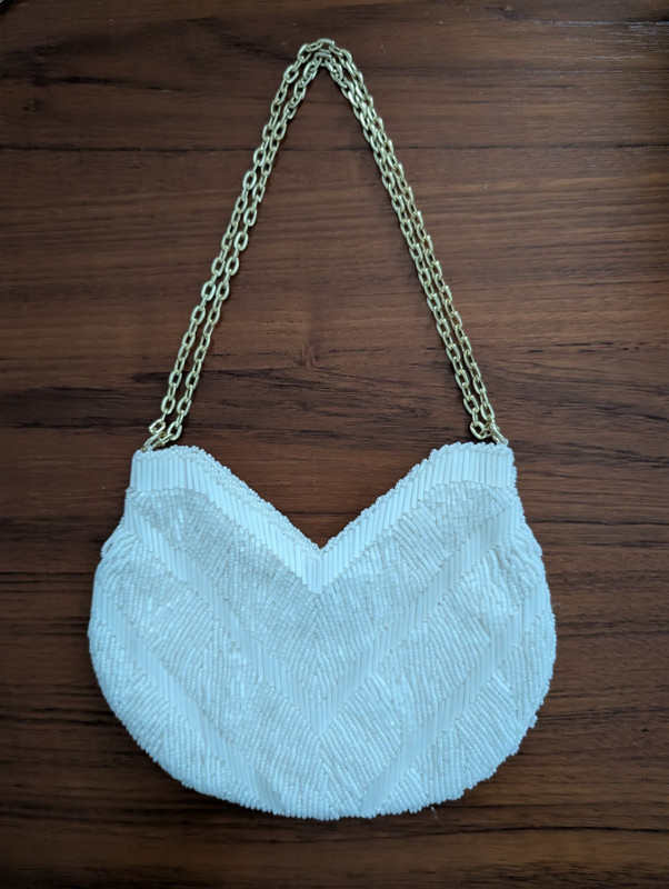 Vintage Hand Made White Beaded Evening Bag Unique Design Double Sided