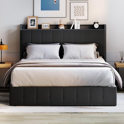 Queen Bed Frame with Lift Up Storage, Upholstered Velvet Bed with Storage Hea...