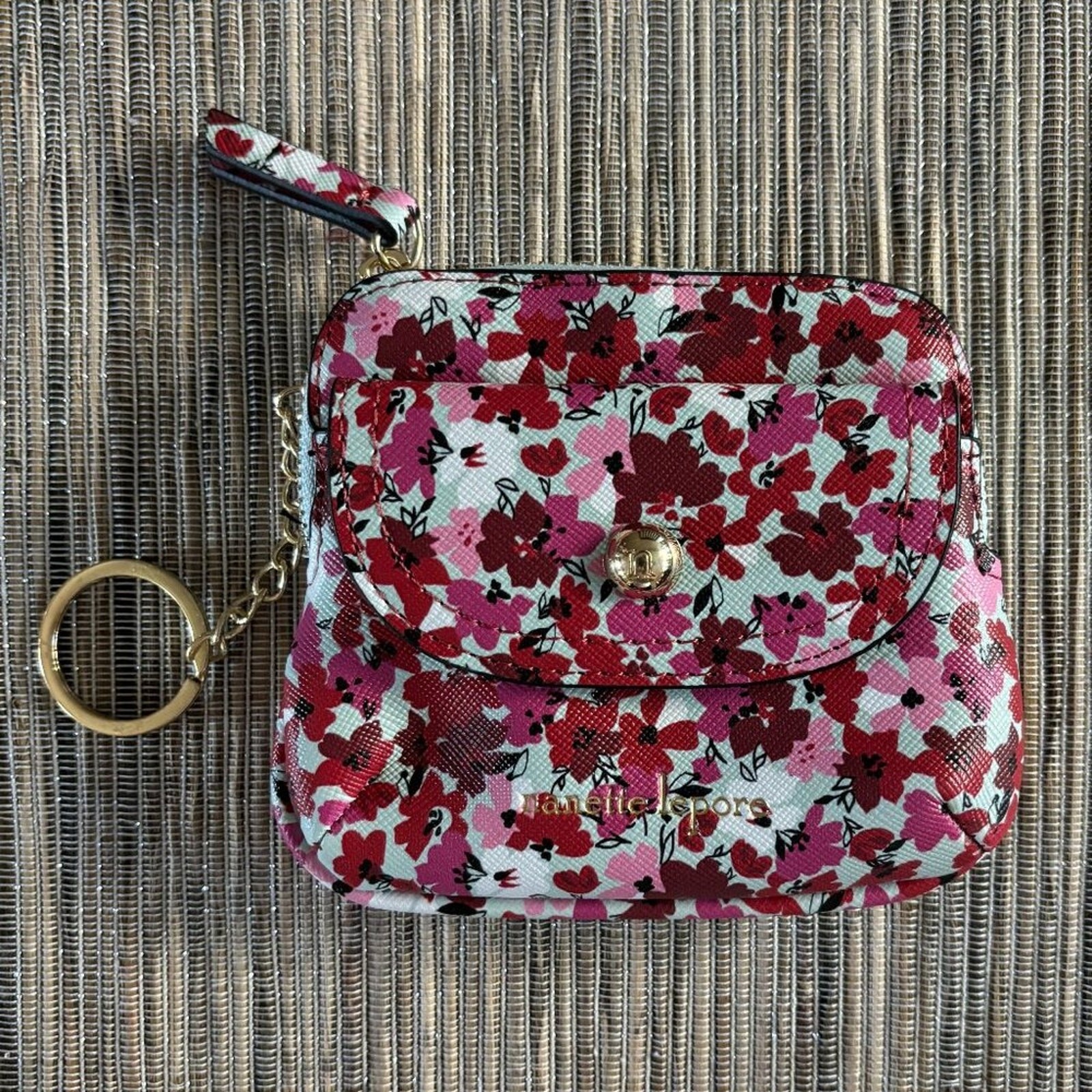NANETTE LEPORE | Keychain Pouch Pink Maroon Flowers Mint Background