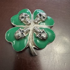 Irish Four Leaf Clover Shamrock Skull Belt Buckle Green St Patrick  s Day Olander