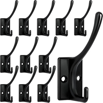 Homanu 12 Pack Heavy Duty Wall Hooks Double Coat Hooks Black Rustproof