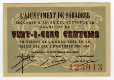 # SPAIN CIVIL WAR 1937 • SABADELL 25c. MUNICIPAL ☆ GUERRA CIVIL ESPAÑOLA  ☆D1676
