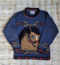 Heartworks Kids Vintage Felted Blue Pullover Long Sleeve Horse Sweater Size 7/8
