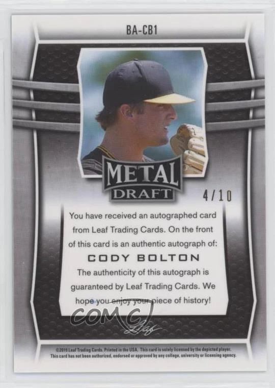 2019 Leaf Metal Draft Green /10 Cody Bolton #BA-CB1 Auto - Image 2 of 2