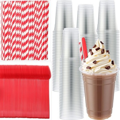 150 Sets Disposable Utensils, Plastic Root Beer Float Cups Parfait Cups, 8.27