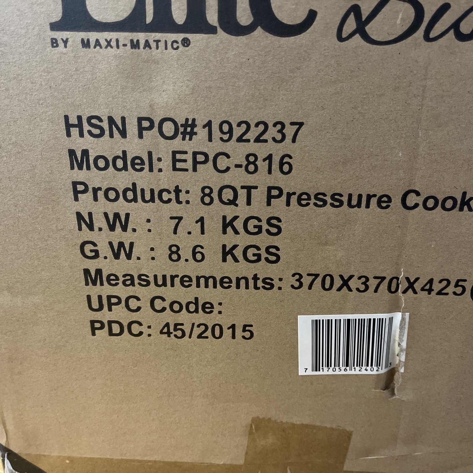Elite Bistro By Maxi Matic 8 Quart Electric Pressure Cooker EPC-816 Open Box