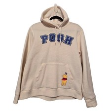 Vtg Disney Winnie Pooh Fleece Hoodie Womens MED Ivory Embroidery Cozy Bear Warm
