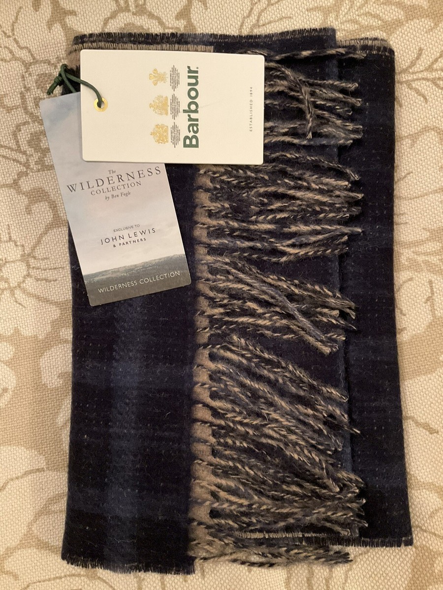 Barbour Fogle Wilderness Wool Tartan Scarf, Natural/Navy BNWT