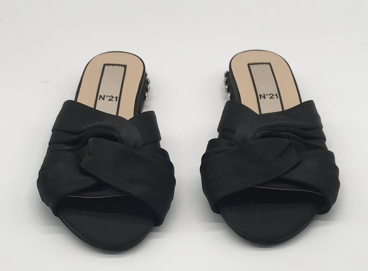 N21 black satin sandal slide w/ rhinestones on heel sz 35.5