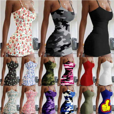 Camo Damen Bodyconkleid Minikleid Sommer Sexy Träger Kleid Freizeit Strandkleid 