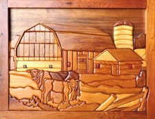 Intarsia wooden art 25"x20" depicting a farm and animals