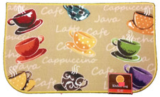 PRINTED KITCHEN RUG nonskid back 18"x30" 9 COFFEE CUPS ON YELLOW, D Shape, KE