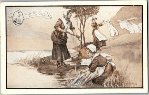 Annonce chaussures sans rendez-vous, femmes pèlerines lavage à linge le jour signé carte postale vintage R10 - Photo 1/2