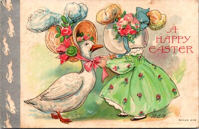 Vintage Easter Postcard a/s BE Blodgett Girl in Sunbonnet Ties Bow For Goose