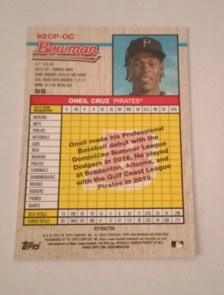 2020 Bowman Heritage Prospects Chrome Refractor SP Oneil Cruz XRC 24/199 Pirates - Image 2 of 2