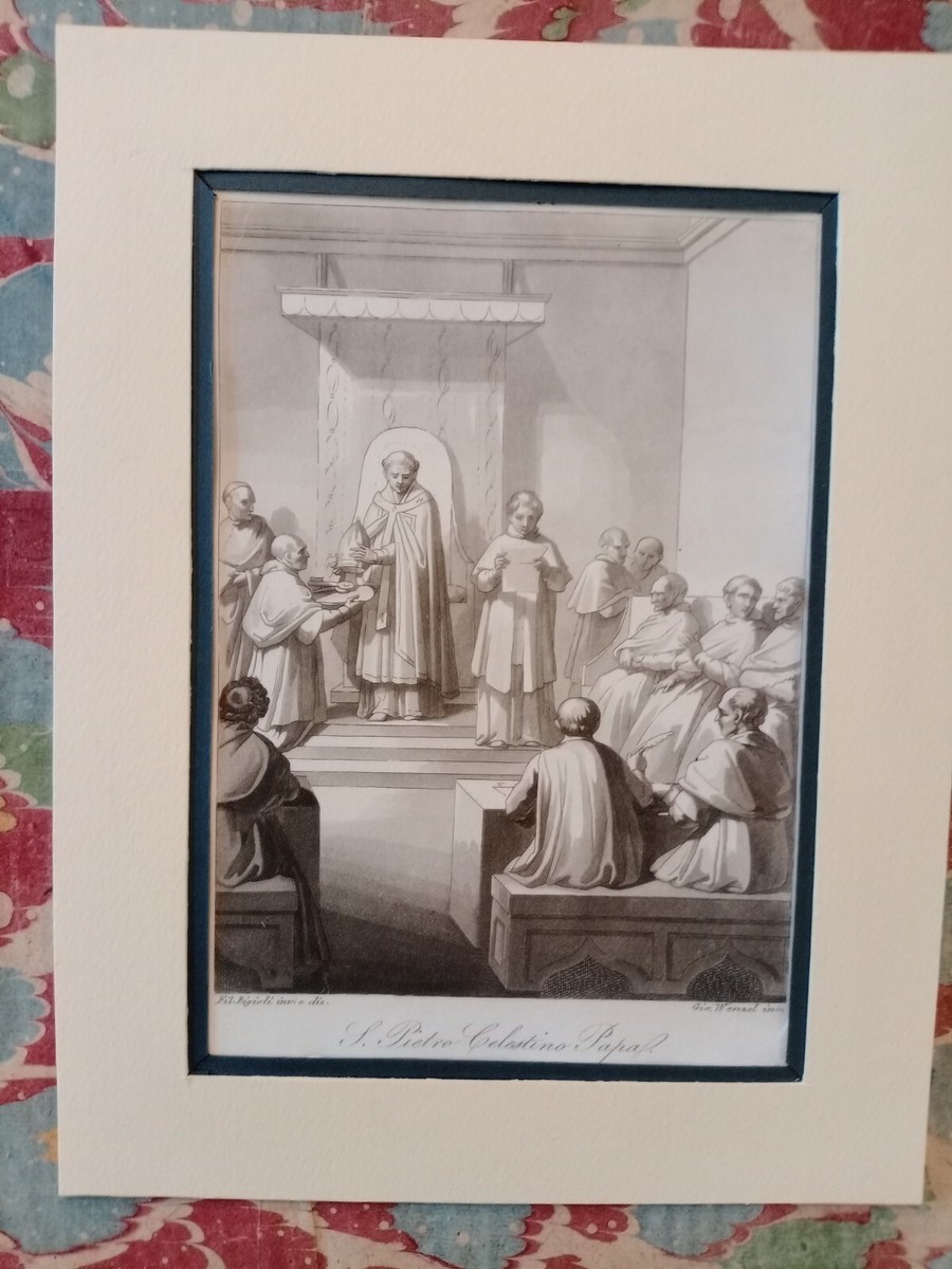 San Pietro Celestino V Papa acquatinta originale stampa antica