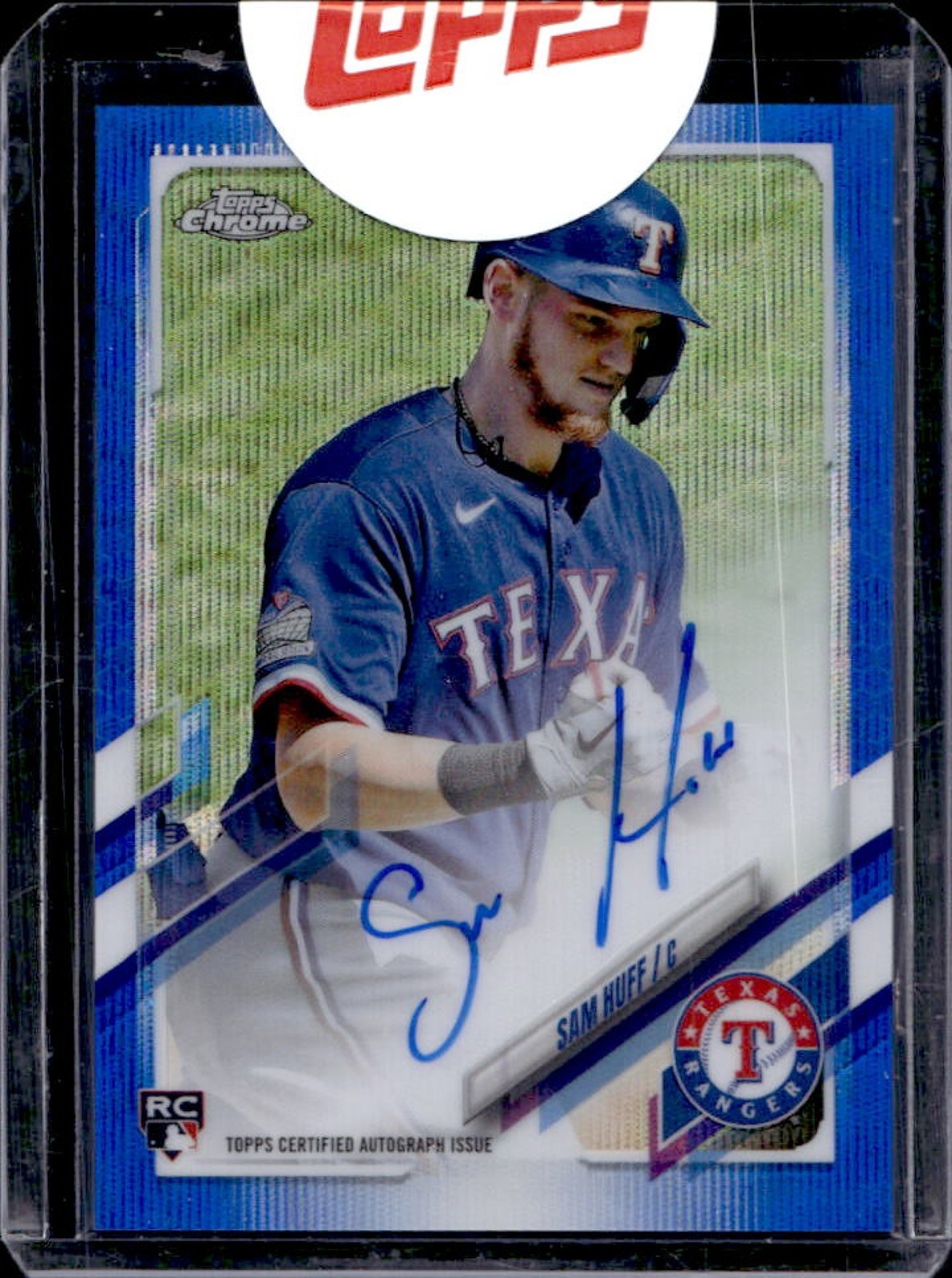 2021 Topps Chrome Sam Huff Rookie Auto RC Blue Wave Refractor #141/150 Rangers
