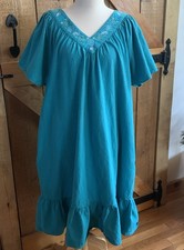 Vtg BLAIR Cotton Floral Embroidered Teal Mumu Casual House Dress Pockets 2XL