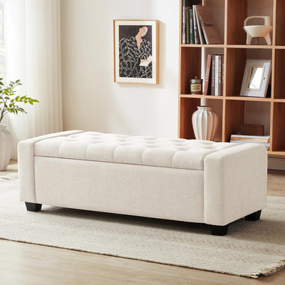 Ottoman with Storage, 48'', Safety Hinge, Upholstered, Beige, 330 lbs