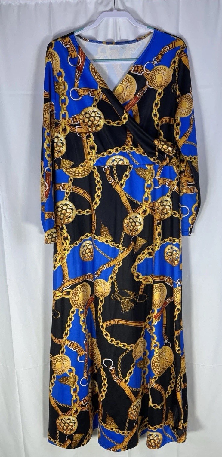 Women’s Blue Gold Chain Print Maxi Dress Size L Wrap V Neck Long Sleeve Stretch