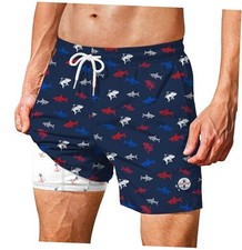 Men's 5'' Swim Trunks with Compression Liner Graphic X-Large Navy Blue - Shark