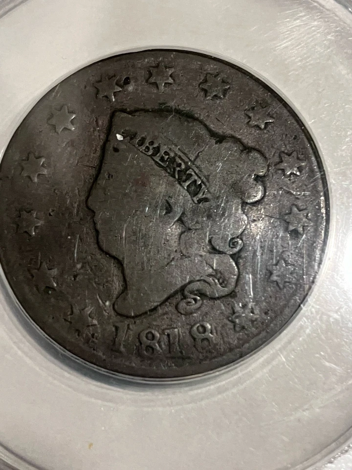 Contador de doscientos años estampado 1818 centavo grande. Estampado: W.P. Clasificado ANACS Foto 2 de 4