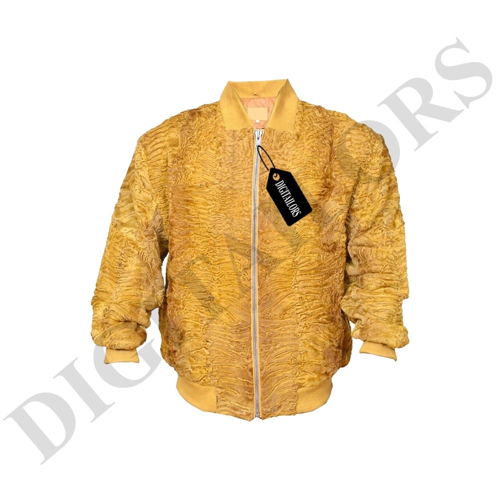 Men's Yellow Real Persian Lamb Fur Sports Baseball Bomber Premium Quality Jacket
