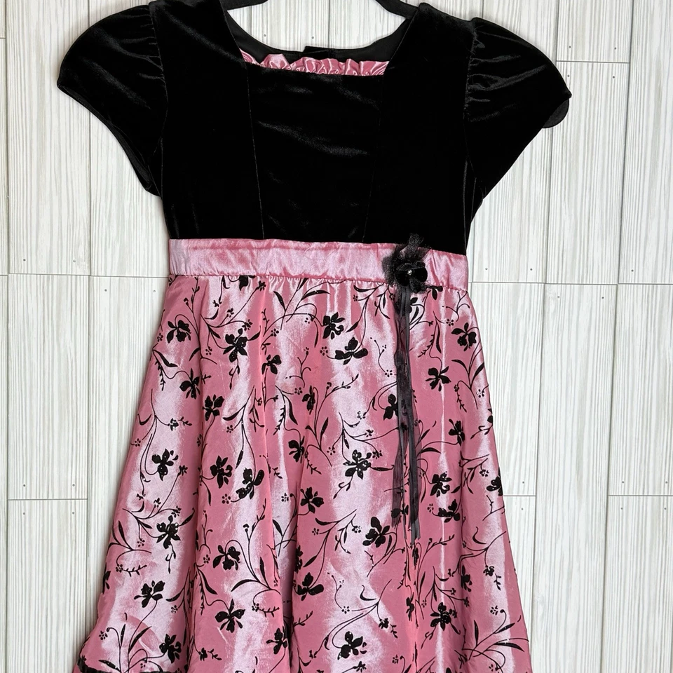 Jona Michelle Girls 6 Black Velvet Pink Floral Embroidered Holiday Party Dress - Image 2 of 4
