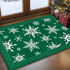 Christmas Door Mat Indoor Entrance, Snowflake Rug 2x3 Green Entryway Rug, Was...