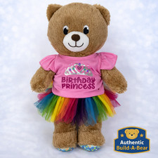 Birthday Princess Build-A-Bear Workshop Plush Bear Pink Shirt Rainbow Skirt Cute