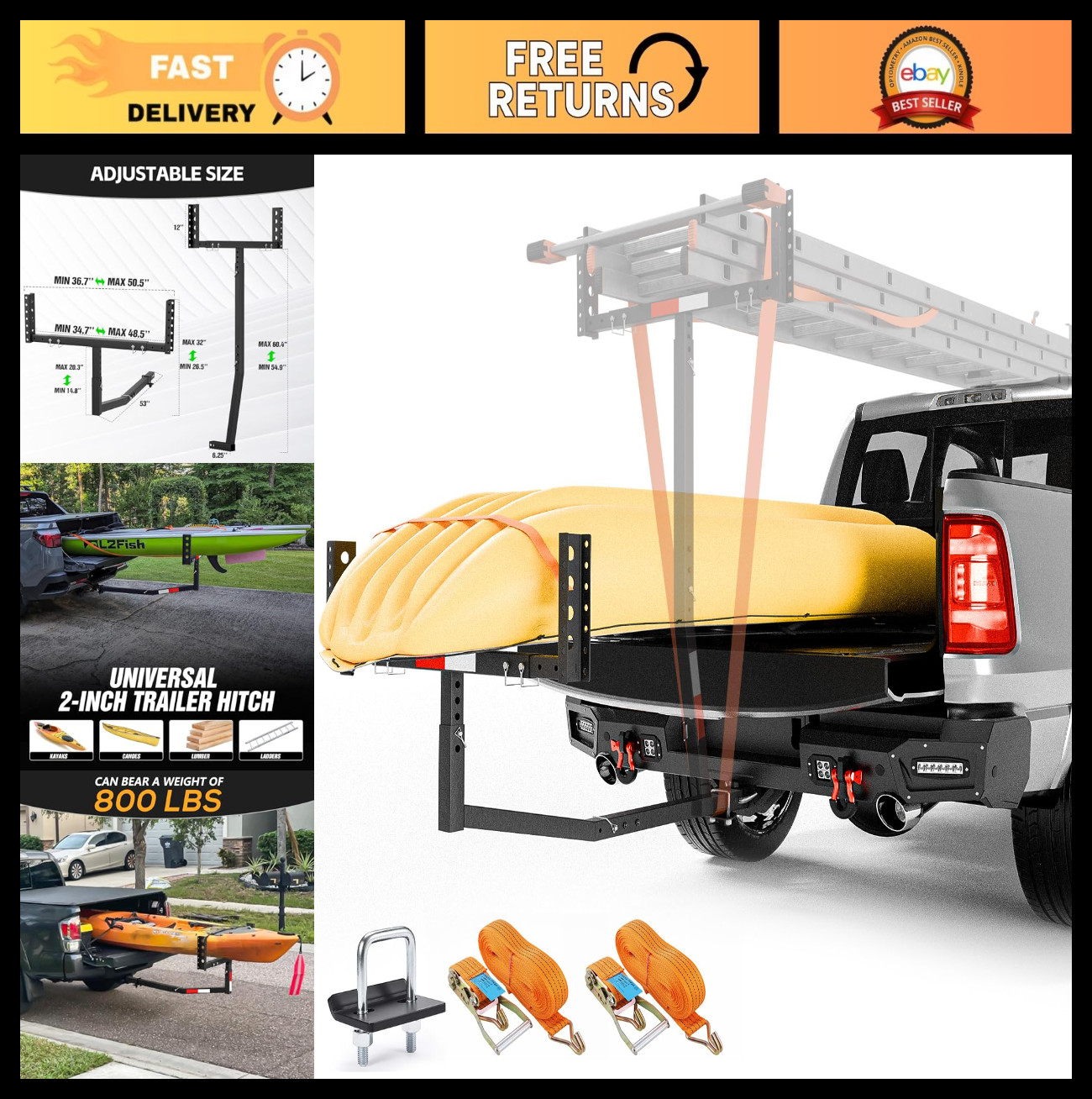 Foldable Truck Bed Extender Hitch, 800 lbs Capacity for Kayak, Canoe, Lumber Rac