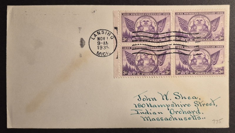 1935 First Day Of Issue Block Of 4 US Scott 775 Michigan Centenary FDC Cover