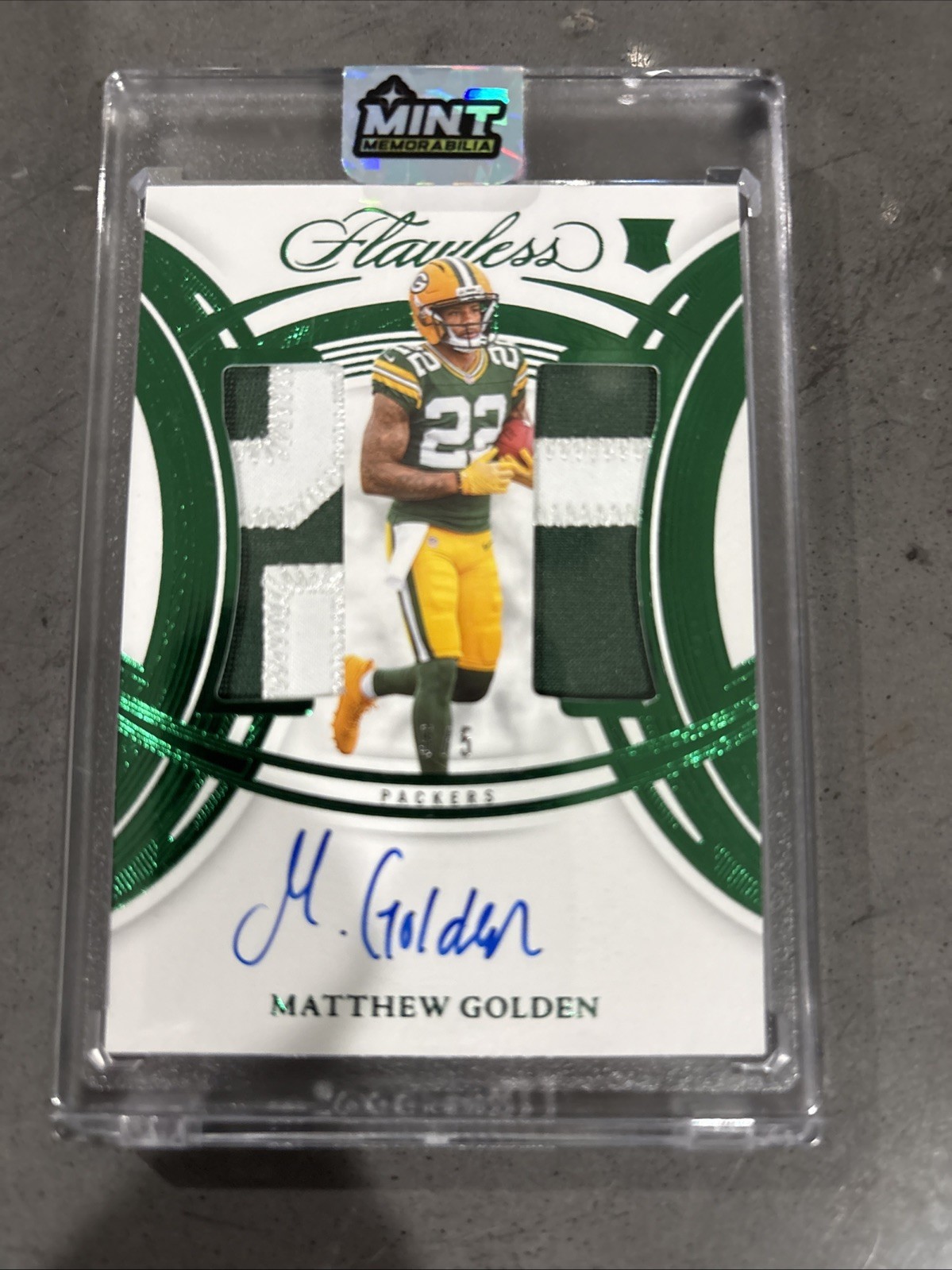 2025 Emerald Green 5/5 Flawless Football Patch/Auto Matthew Golden view 1