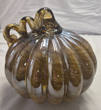 Hand Blown Glass Pumpkin 6" Tan  White Swirl