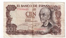 Banknote Geldschein Spanien 1970 100 Pesetas alter Schein
