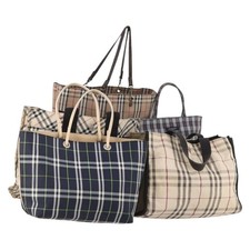 BURBERRY Nova Check Blue Label Bag Canvas nylon 5 Set Black Blue Auth fm5240
