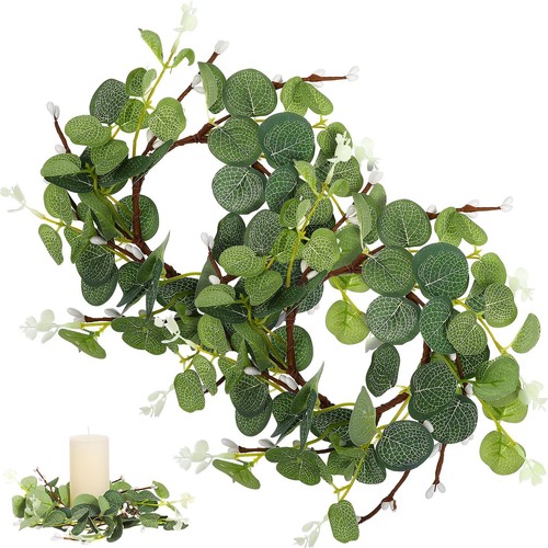 2 Pack Candle Rings Wreaths, Artificial Eucalyptus Leaves Candle Rings, Green...