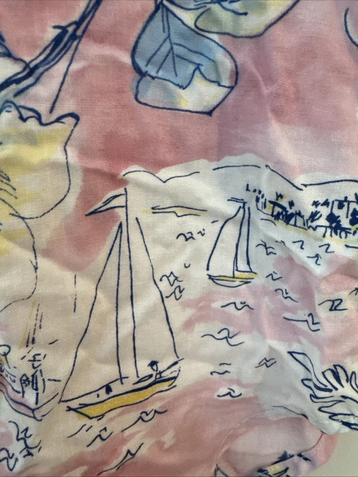 TEDDI Vintage Sz L Pink Blue Tropical Palm Tree Print Denim Collar Button Down - Image 4 of 4