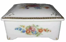 Vintage Porcelain Floral Bouquet Gold Trim Cigarette Box - Matching Ash Tray