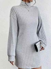 Women's Light Grey Solid Turtleneck Bodycon Versatile Slim Long Sleeve Dress