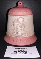 Ceramic Goebel Christmas Bell Pink White Child on Sleigh 1989 Vintage