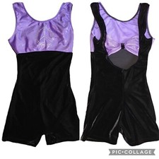 M Girls MOTIONWEAR Gymnastics Dance Unitard Purple Foil Bow Black Velvet Leotard