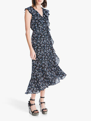 MAX STUDIO ÄRMELLOSES GEBLÜMTES WICKELKLEID SCHWARZ/BLAU Gr. XS